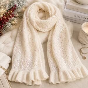 Cream Sequin Knit Scarf Soft Sparkle Ruffle Fringe Winter Wrap Cozy Ivory